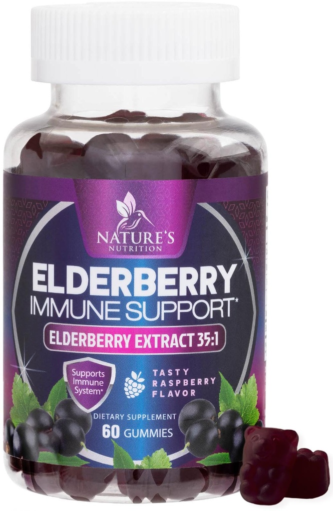 Elderberry Immune Support Gummies - Elderberry Extract Sambucus Nigra - Black Elder Berry Vitamin Supplement - Natural, Daily Immune Support Kids & Adults Love - Delicious Berry Flavor - 60 Gummies