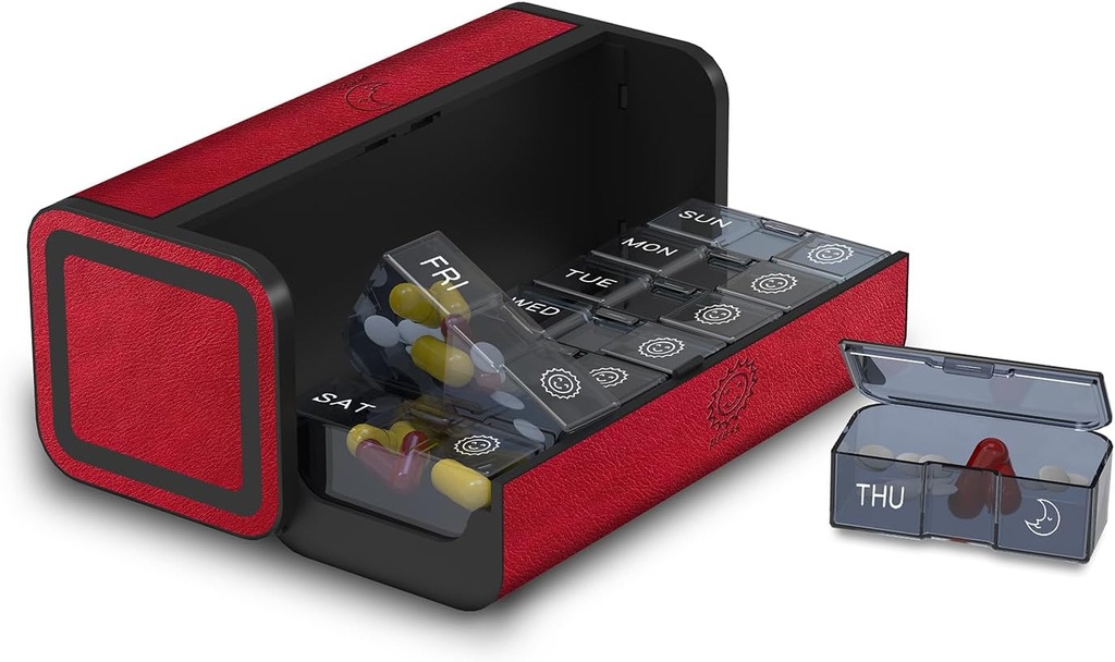גלולת גלולות 2 פעמים ביום, Am Pm Twice Daily Pill Case, Detachable Large Travel Pill Box 7 Day, Weekly Pill Container for ויטמין Medicine תוסף שמן דגים (אדום)