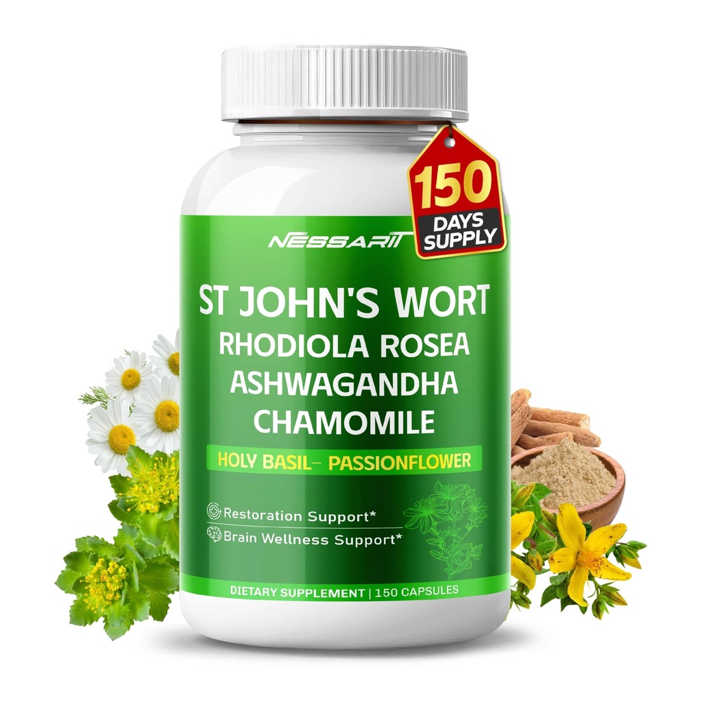 תערובת טבעית של ג'ון 14-in-1 עם Rhodiola Ashwagandha Chamomile Holy בזיל L-theanine ולריאן Passionflower - 150 Count - Made & Tested בארצות הברית