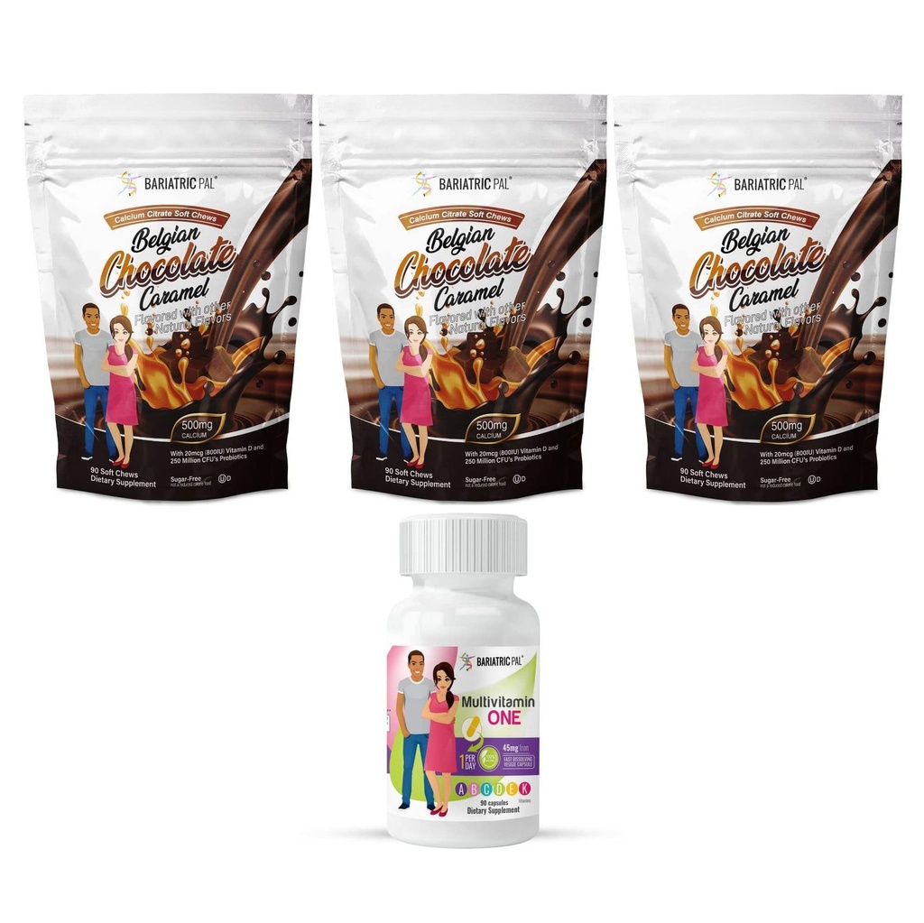 BariatricPal 90-Day Bariatric ויטמין Bundle (Multivitamin One 1 ליום! קפסולה עם 45 מ"ג ברזל ו Calcium Citrate Soft Chews 500 מ"ג עם פרוביוטיקה - קרטל שוקולד בלגי