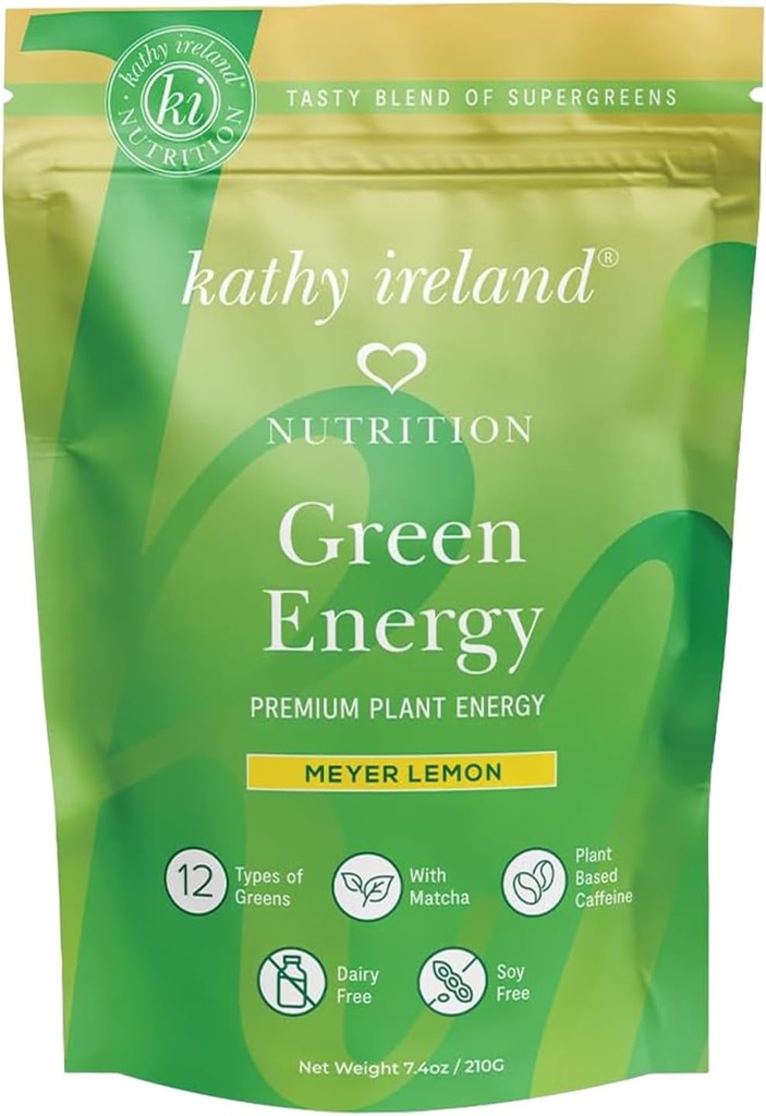 קאתי אירלנד Super Greens אנרגיה אבקה, משקאות אנרגיה נקייה לערבב עם Matcha & תה ירוק, Immune & Digestive תמיכה תוספת סוכר, מאייר לימון פלמור, 7.4 oz