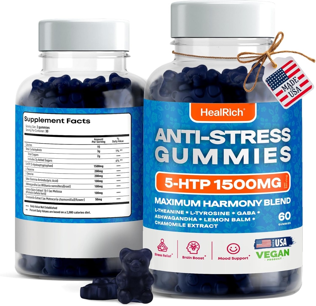 חניכיים נוחות מתח - 1500MG 5HTP עם L-theanine Gaa & L-Tyrosine - Ashwagandha Herbal תוספת תמיכה אזהרות אינטלקטואליות המוח טבעוני Mood Booost תוספי עבור ילדים ומבוגרים שנעשו בארה"ב