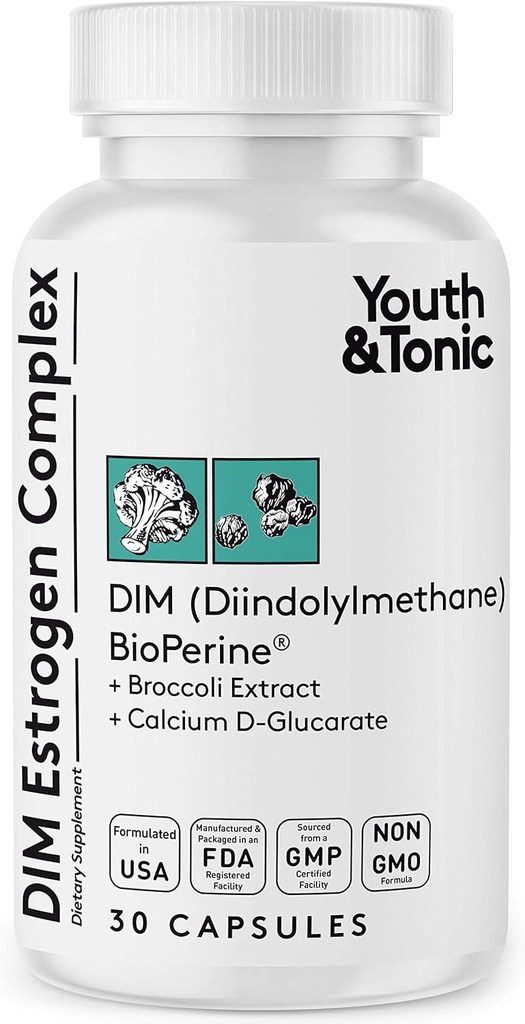 נוער & טוני DIM BioPerine עבור תמיכה אסטרוגנית Metabolism; נשים וגברים איזון עם עודף Estrogen בלוקer | Diindolylmethane - 30 Pills