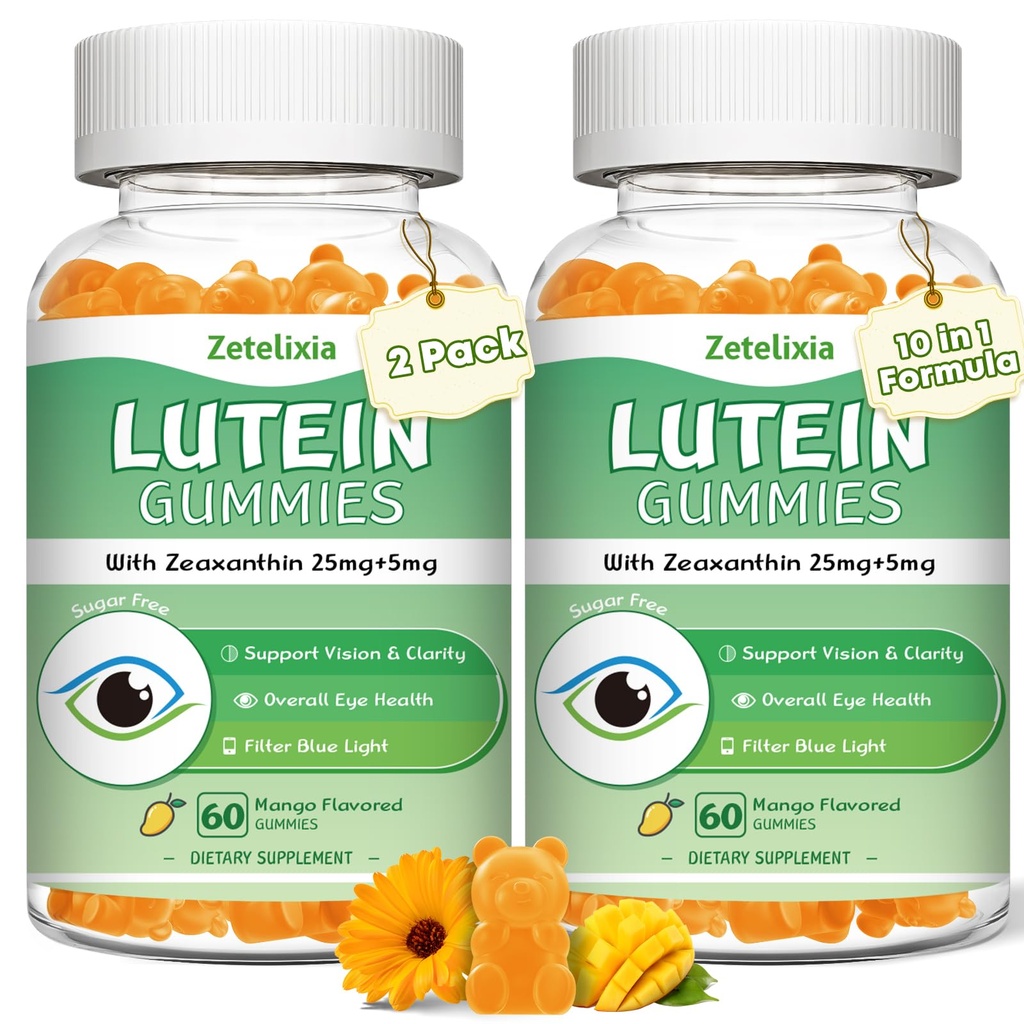 2 Pack Lutein Gummies 25 מ"ג, סוכר חינם Lutein Zeaxanthin תוספי חניכיים, תוספי בריאות עין למבוגרים, ויטמין עיניים Lutein עבור חזון והגנה על אור כחול, מנגו פלמור, 120 הרוזן