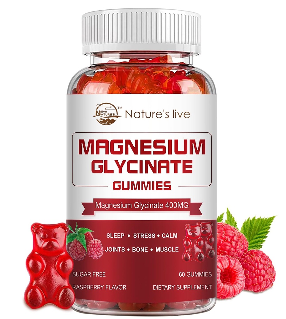 Magnesium Glycinate Gummies, סוכר חינם מגנזיום תוספת עם Magnesium Glycinate 400 מ"ג, מגנזיום L-Threonate 200 מ"ג עבור Calm Mood, שריר, עצם ושינה עבור מבוגרים, 60 חניכיים פטל פטל.