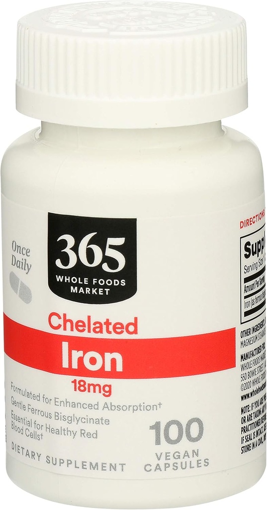 365 על ידי Whole Foods Market, Iron Chelated 18Mg, 100 קפסולות Veg (Pack of 2)