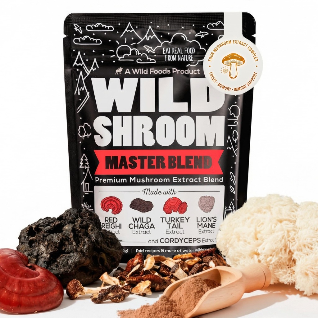 Wild Foods Wild Mushroom Band-Superchargeed Reishi, Chaga, Cordyceps, טורקיה Tail ו- Lion's Mane - 4Oz Pack- Adaptogenic Stress מופחתr עבור הרחבה מוגברת של בהירות נפשית - Nootropic תערובת עבור קפה