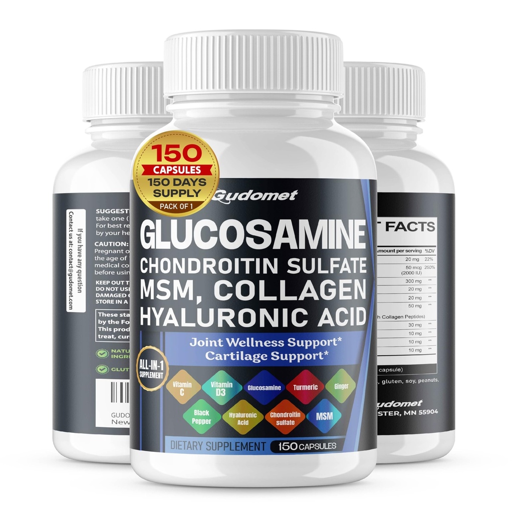 Glucosamine Chondroitin sulfate Methylsulfonylmethane Hyaluronic Acid Turmeric GB ויטמין C, D3, Black Pepper -150 קפסולות מיוצר בארה"ב