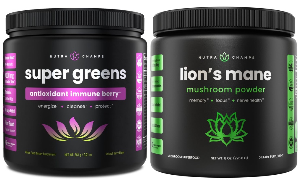NutraChamps Super Greens Antioxidant & Lion's Mane Powder. Digestive, Immunity & Adaptogen Support