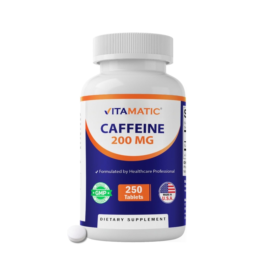 טבליות Vitamatic Caffeine 200 מ"ג לשרת, 250 טבליות צמחוניות