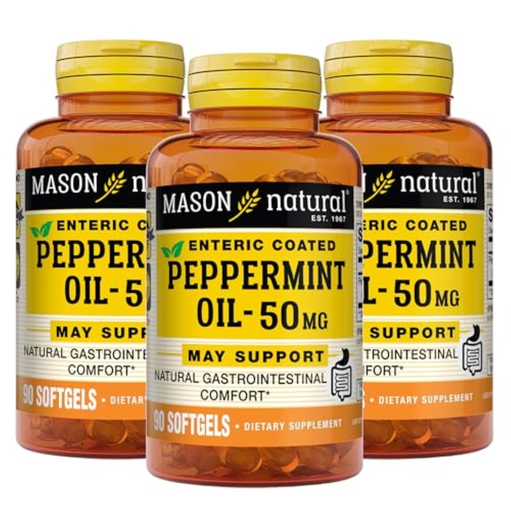MASON NATURAL Peppermint שמן 50 מ"ג Enteric Coated תוסף, 270 יום אספקה של תמיכה בגזטרו מעיים עבור תפקוד תקין של Bowel, Softgel Pills