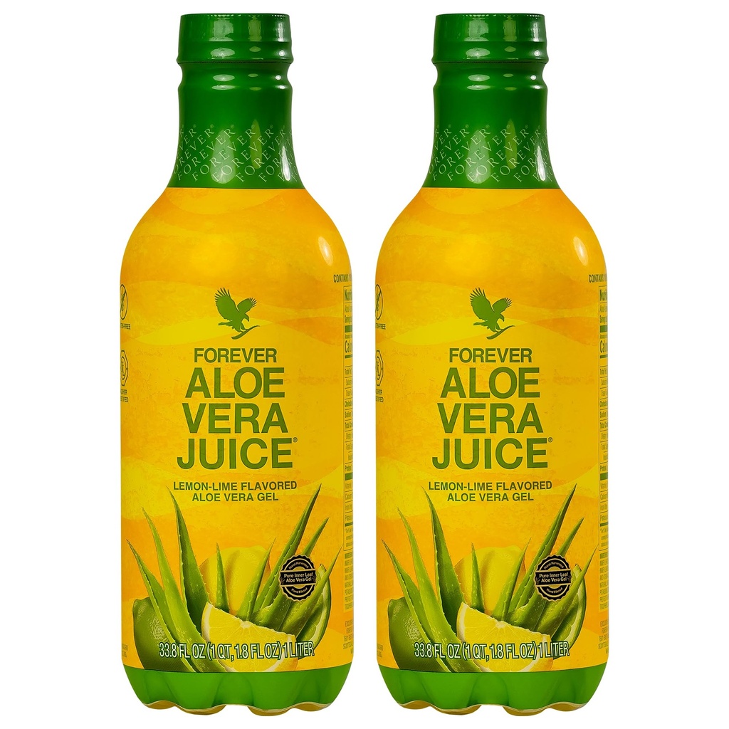 Forever Living - Aloe Vera Juice - Lemon Lime Flavor with Pure Leaf Gel - Supports Digestion and Immunity - 1L כל אחד (Pack of 2)