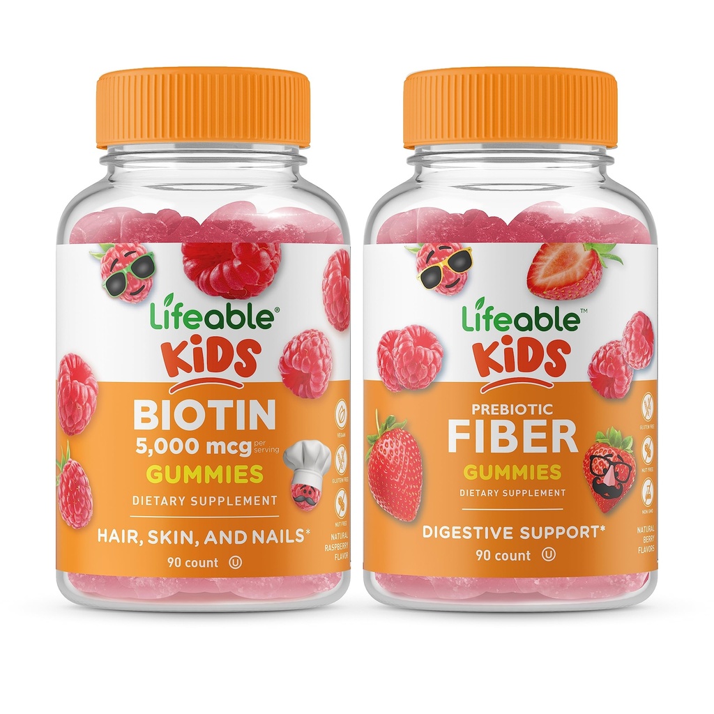ילדים biotin Lifeable + Prebiotic סיבים ילדים, חניכיים בונדלה - גדול Tasting, ויטמין תוסף, Gluten Free, GMO חינם, Chewable Gummymymy