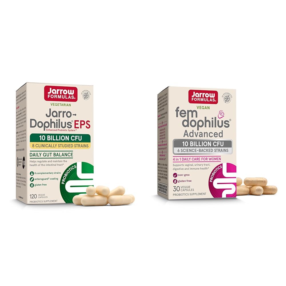 Jarrow Formulas Probiotics Bundle עם Jarro-Dophilus EPS 10 מיליארד CFU 120 Caps ו Fem-Dophilus מתקדם 10 מיליארד CFU 30