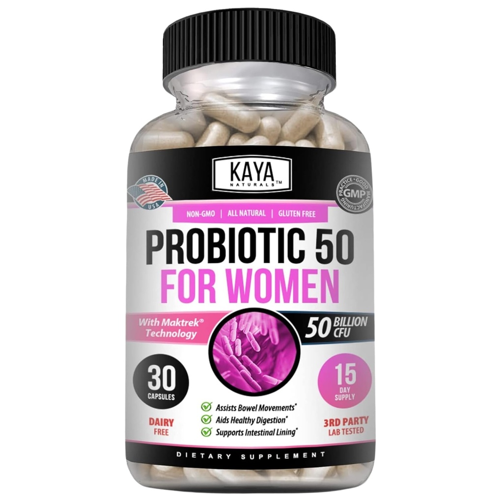 Kaya Naturals Probiotic 50 מיליארד CFU - פרוביוטיקה עבור נשים, פרוביוטיקה עבור גברים ומבוגרים, טבעי - Gut Health & Immune תמיכה תוסף - מספק תמיכה תזונתית - 30 קפסולות ירקות