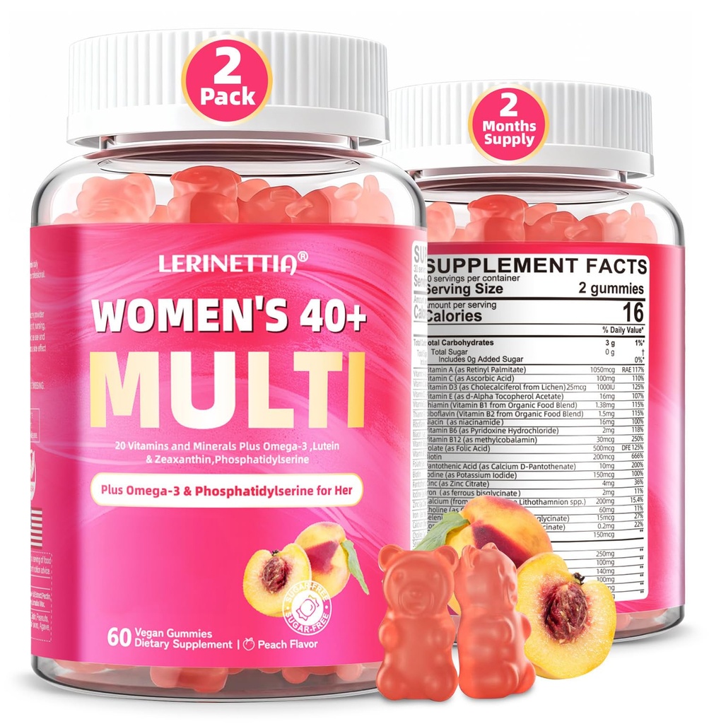 Multivitamin for Women Gummies for 40+ with Omega-3, Niacinamide, B-Complex, Lutein, Iron, Choline, Phosphatidylserine, Vitamin D3 for Skin, Hair, Energy, Immune, Bone - Vegan, Sugar Free, 120Cts