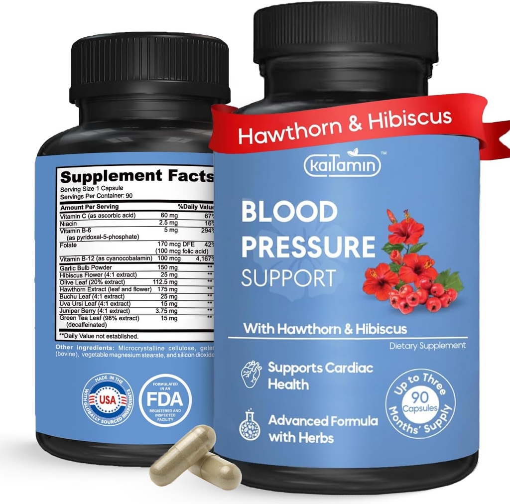 תוספת לתמיכה בלחץ דם - הות'ורן, Hibiscus, Garlic & Olive Leaf - Heart Health & Circulation Support - B12, B6 - טבעוני, Non-GMO - 90 Caps (3-Month Supply)