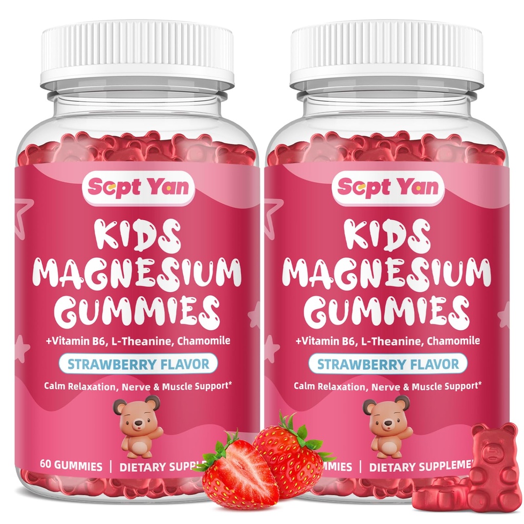 (2 Pack) Magnesium Gummies לילדים - Magnesium Citrate תוסף עם ויטמין B6, L-theanine, Chamomile & Lemon Balm - Calm Magnesium for Kids & Adults, הירגעות - Strawberry, 120 חניכיים