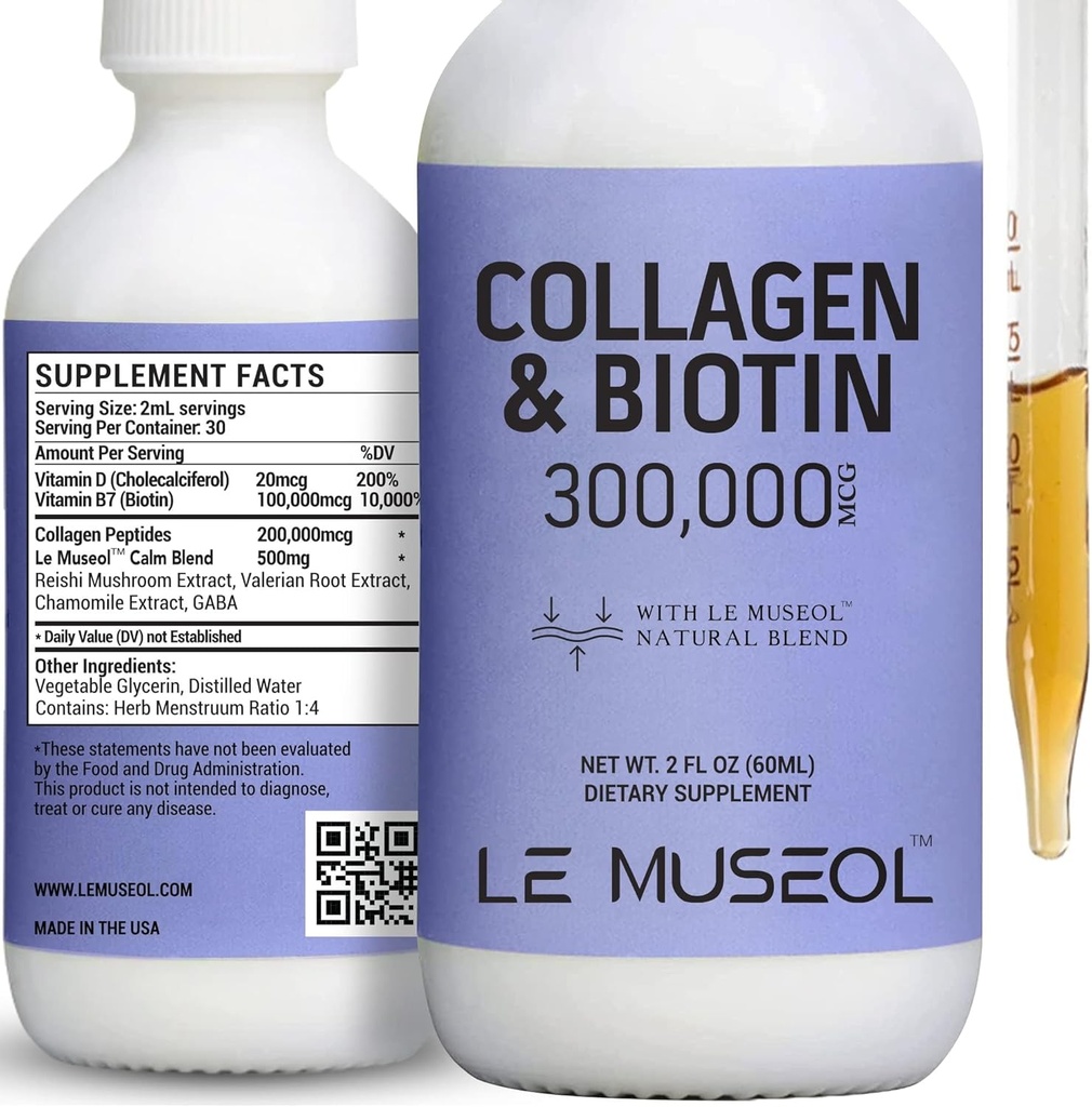 Liquid Collagen for Women, 300,000mcg Liquid Biotin and Collagen Supplements Drops for Hair, Nail Growth Glowing Skin - 60ml
