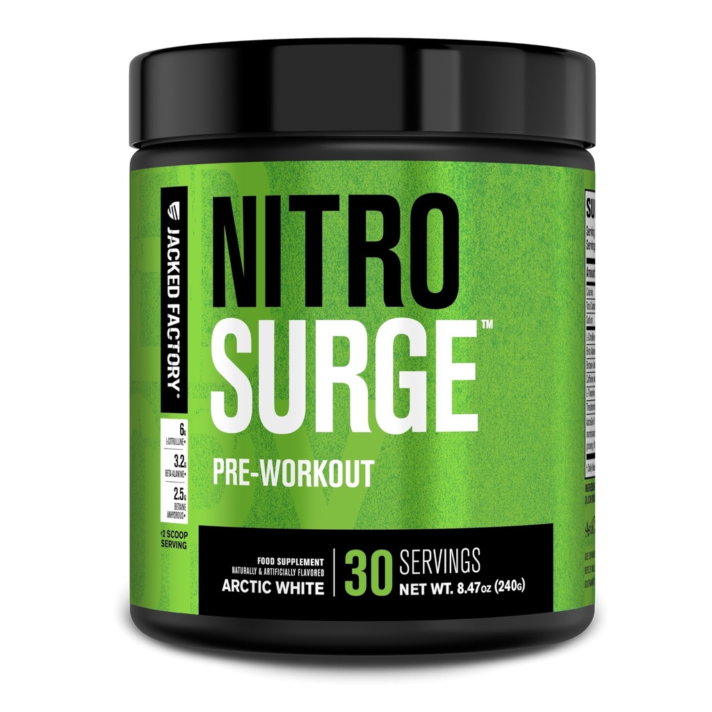 ג'ק מפעל NITROSURGE Pre Workout תוסף - אנרגיה אינסופית, קבלות כוח מיידיות, Clear Focus, Intense Pumps - NO Booster & Powerful Preworkout אנרגיה - 30 משרתים, הקוטב הלבן