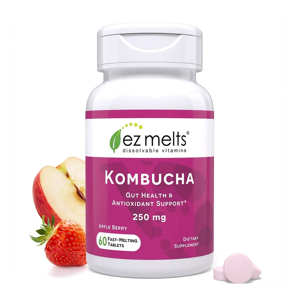 EZ Melts Dissolvable Sugar-Free Kombucha Tablet עם SCOBY ו-Apple Cider Vinegar, Gut Health Supplements for Men & Women, Apple Brad Flavor, 2Month Supply - 1 Pack