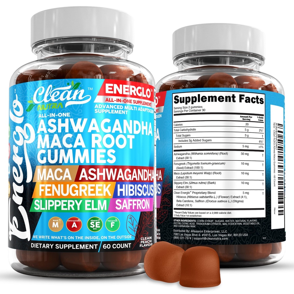 Ashwagandha Maca Root Gummies עם Fenugreek Hibiscus Slippery Elm Saffron לחלץ & Beta Carotene | Peach Flavor Vegan Gummys Fitogen Cortisol תוסף Energlo על ידי נקיטרה