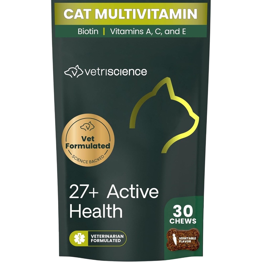 VetriScience 27+ Active Health Chews, Nu Cat Daily Multivitamin for Cats and Kittens, ויטמינים מאוזנים, מינרלים ואנטיoxidants, בריאות ובריאות תמיכה, דגים, 30 הרוזן