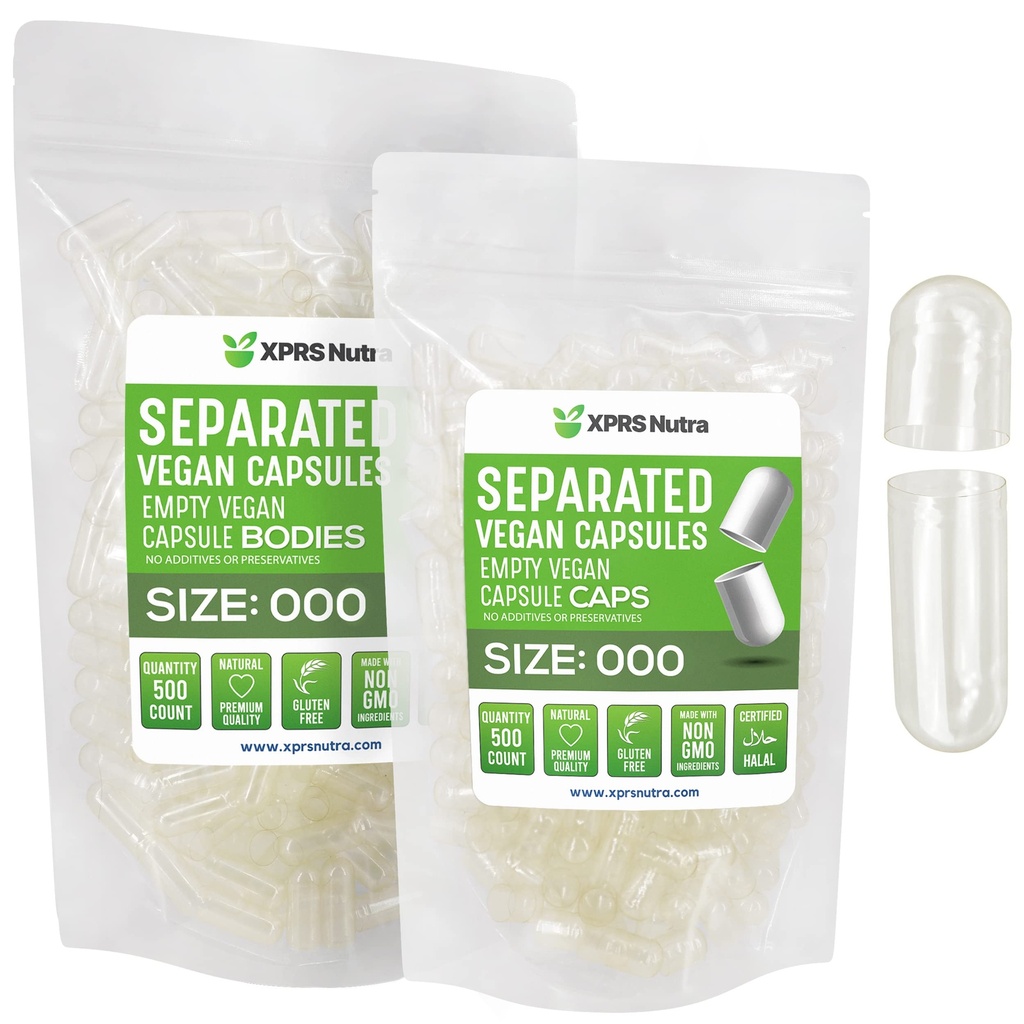 XPRS Nutra טבעוני גודל 000 קפסולות נפרדות - 500 Count Premium Caps שנפרד ב Bags - Clear ריקה קפסולות - 000 גלולות עבור תוסף DIY
