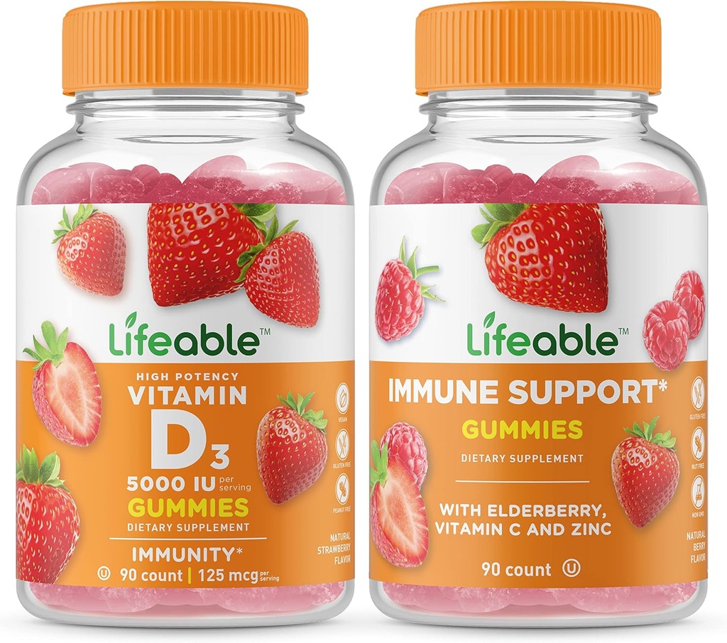 ויטמין D 5000 IU + Immune תמיכה, חניכיים Bundle - גדול Tasting, ויטמין תוסף, Gluten Free, GMO חינם, Chewable Gummymymy