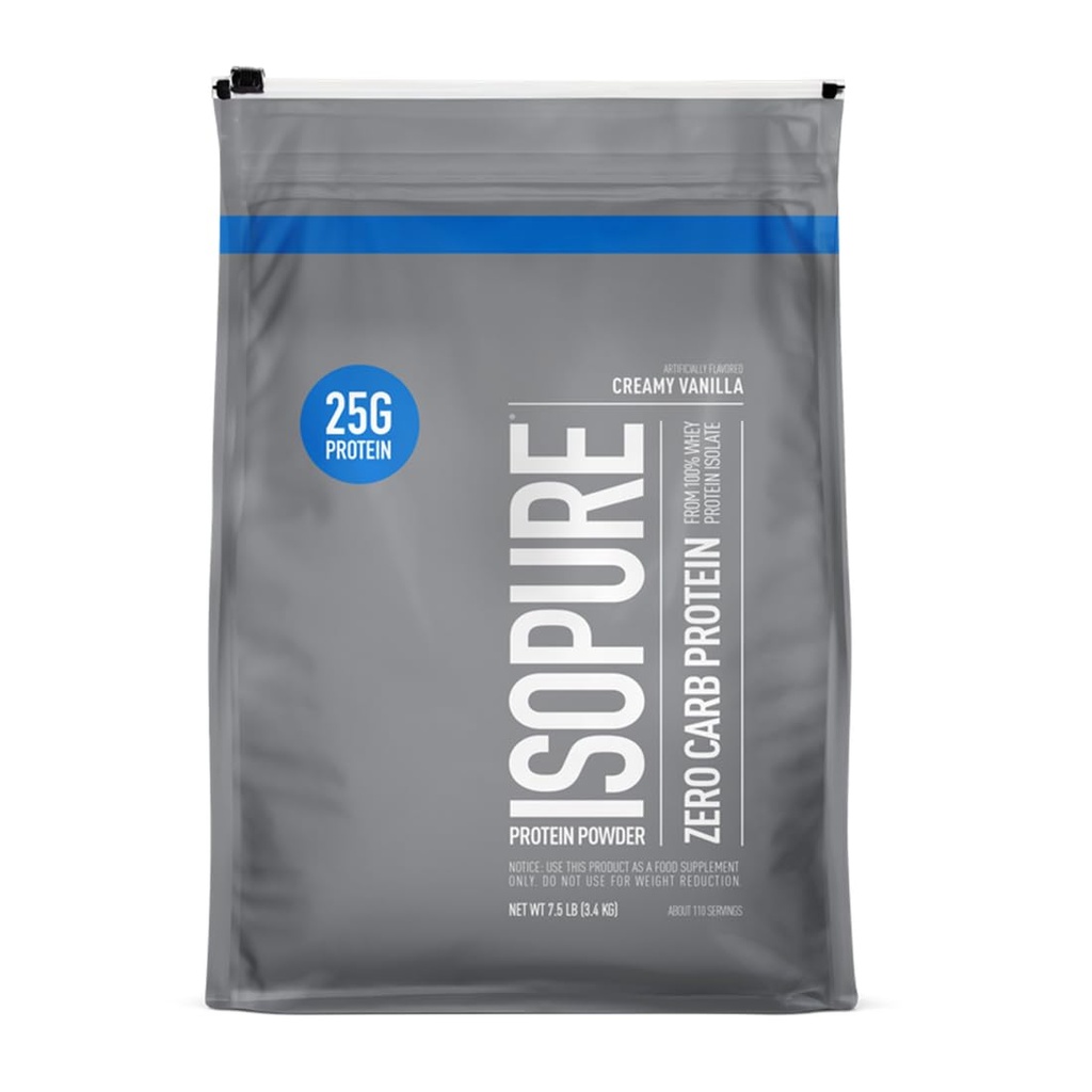 Isopure Zero Carb 100% טהור Whey Isolate אבקת חלבון, Lactose חינם, Gluten חינם, עם ויטמינים, Creamy Vanilla, 25g חלבון Per לשרת, 7.5 Lbs, 110 לשרתים (Packaging May Vary)