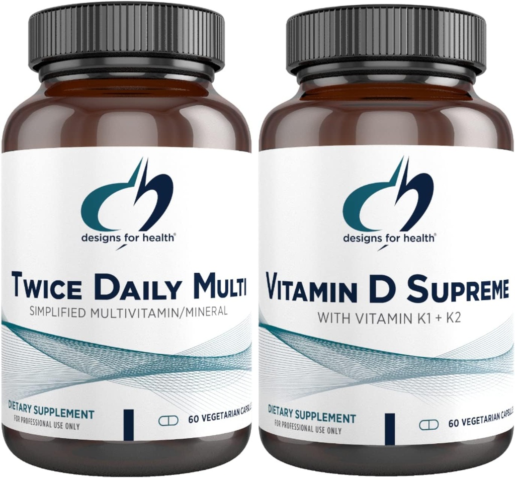עיצוב בריאות Multivitamin + ויטמין D / K תוסף Bundle - פעמיים Daily Multi (60 קפסולות) עם ויטמין D העליון (60 קפסולות) 5000 IU ויטמין D3