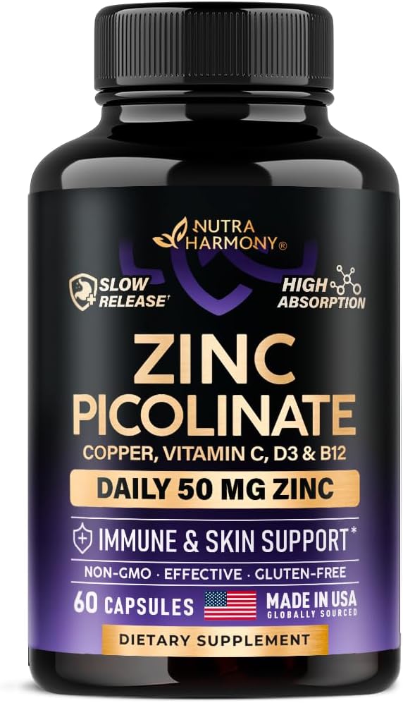 Zinc Picolinate 50 מ"ג - תוספת Zinc עם Copper, ויטמין D3 & B12 - Stomach Friendly - שחרור איטי - תמיכה כספית ובריאות העור - High Absorption with BioPerine & ויטמין C - 60 קפסולות