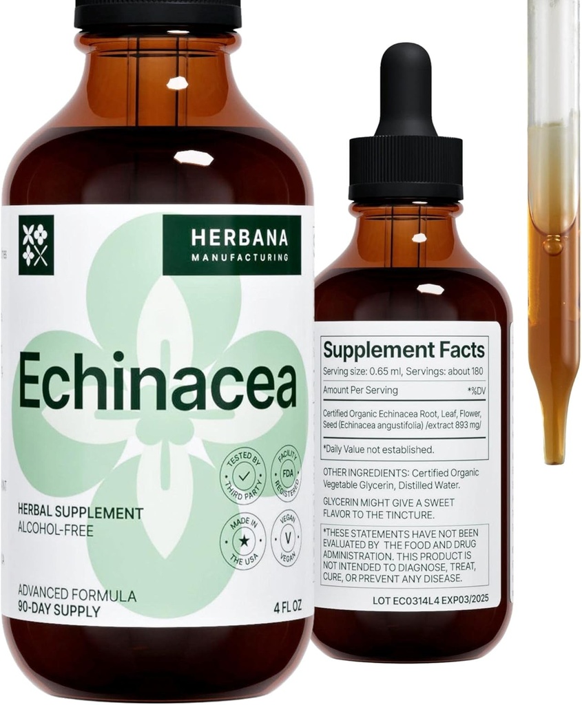 Echinacea 4 oz נוזל לחלץ - שורש אורגני, עלון, פרח, Seed - תוסף צמחי טבעי - גוף, Immune System תומך Tincture - High Potency טיפות - 90 יום אספקה - גודל משפחתי