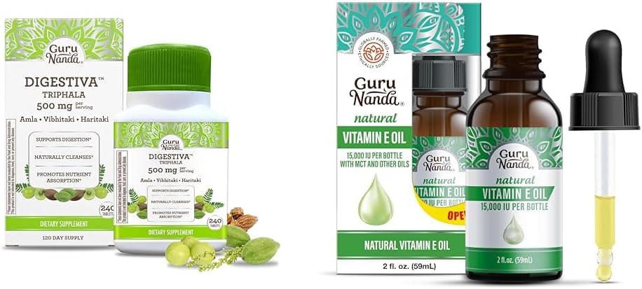 GuruNanda Digest Triphala (240s) & ויטמין E שמן (2 Fl Oz) - תמיכה עיכול, עזרה עם Bloating & Constipation, תוספת תזונה עם Amla, Haritaki & Bibhitaki