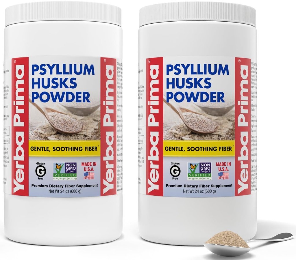 Yerba Prima Psyllium Husks אבקת - 24 oz (Pack of 2) - Unflavored - Fine Ground - תוסף סיבים טבעיים עם Soluble & Insoluble סיבים