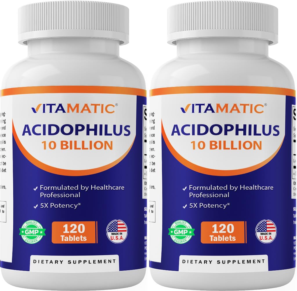 Vitamatic 2 Packs Acidophilus Probiotic - 10 מיליארד CFU - 120 טבליות - 5X Potency - Daily Probiotic תוסף, Supports Digestive Health (240 טבליות)