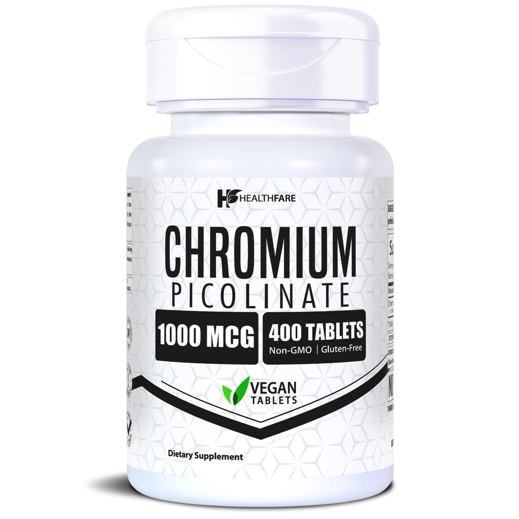 HealthFare Chromium Picolinate 1000mcg | 400 טבליות טבעוניות | תוספי מינרלים עתופים גבוהים | תמיכה במטבוליזם סוכר בריא ומחסור תזונתי