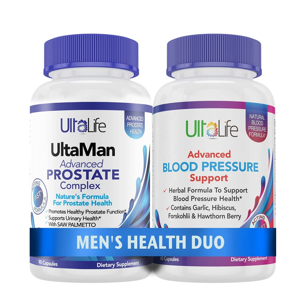 ULTALIFE Men's Health Duo - 2 בקבוקים - One Prostate Support Complex with Saw Palmetto & Beta Sitosterol & One גבוה לחץ דם גבוה תוספת עם Garlic & הותורן ברי מהיר פעילות קפסולות עבור גברים