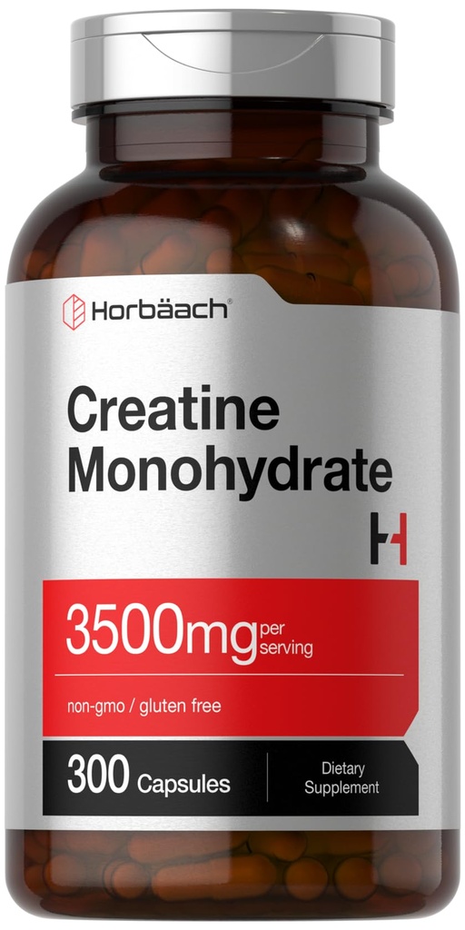 Horbäach Creatine Monohydrate קפסולות | 3500 מ"ג | 300 Count | Non-GMO ו- Gluten Free Supplement