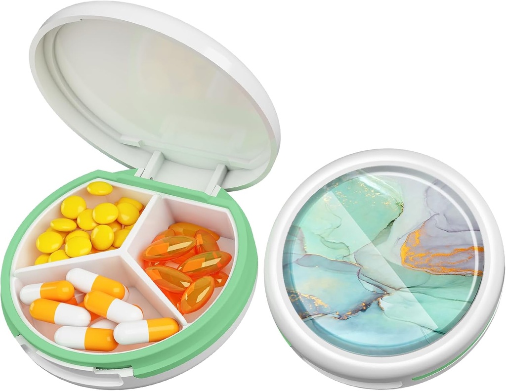 Serfeymi Small Pill Box - 3 השוואתיות ב- Portable Pill Box for Purse Pocket, Compact Mini Travel Pill Case - מתאים לרפואה, ויטמין, שמן דגים, תוספים - לבן (Marble)