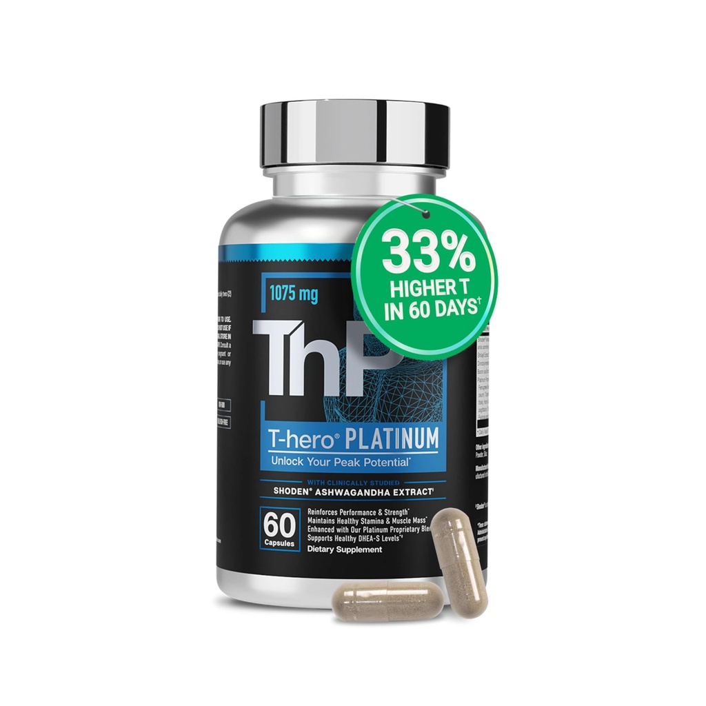 יסודות חיוניים T-Hero Platinum זכר בריאות תוספת עבור Mens בריאות - תמיכה בצמיחה שרירים & T-Health עם Shoden Ashwagandha, Shilajit, DIM & יותר - תוספי ספורט לגברים - 60 Caps