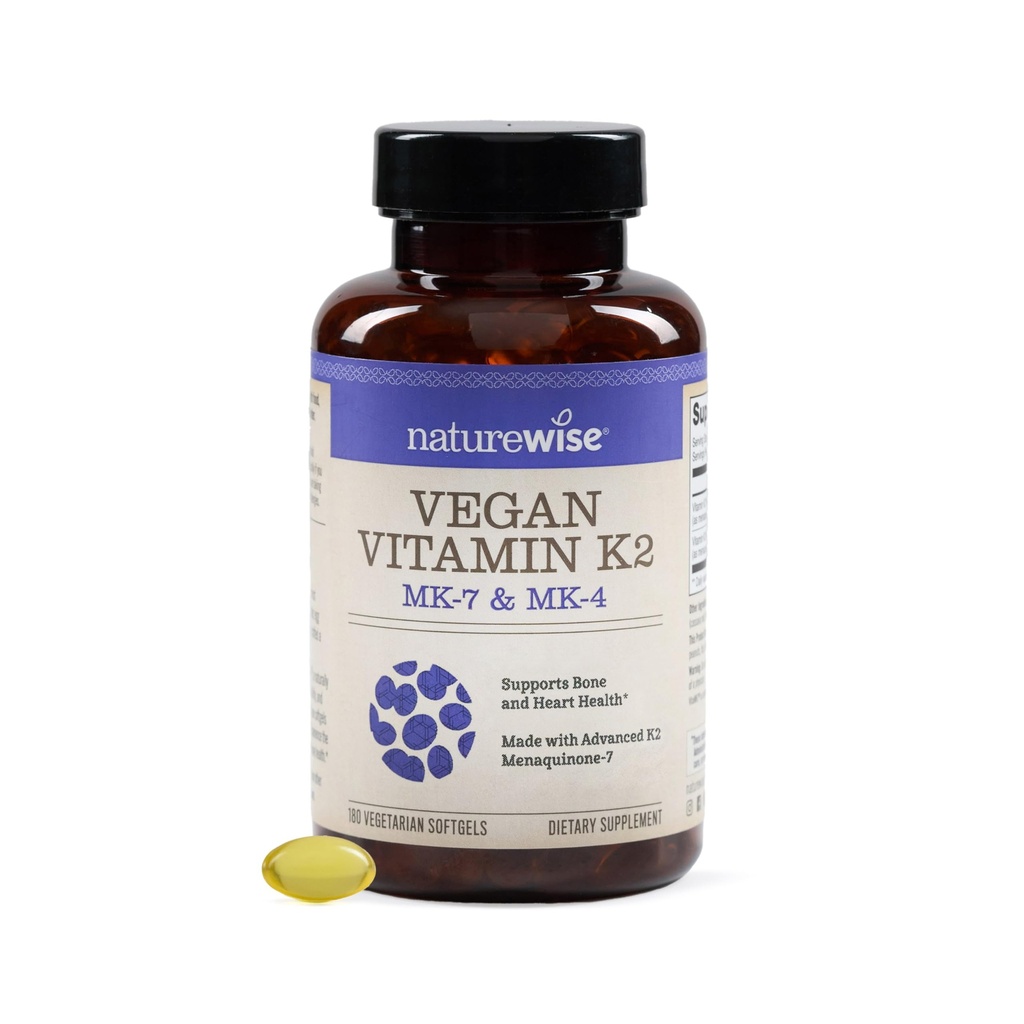 NatureWise ויטמין K2 600mcg תוסף עם MK-7 100mcg & MK-4 500mcg - Enhanced Bioavailable Formula - K Complex for Bone and Heart Health - טבעוני, Gluten Free, non-GMO -180 Softgels[6-Month Supply Supply]