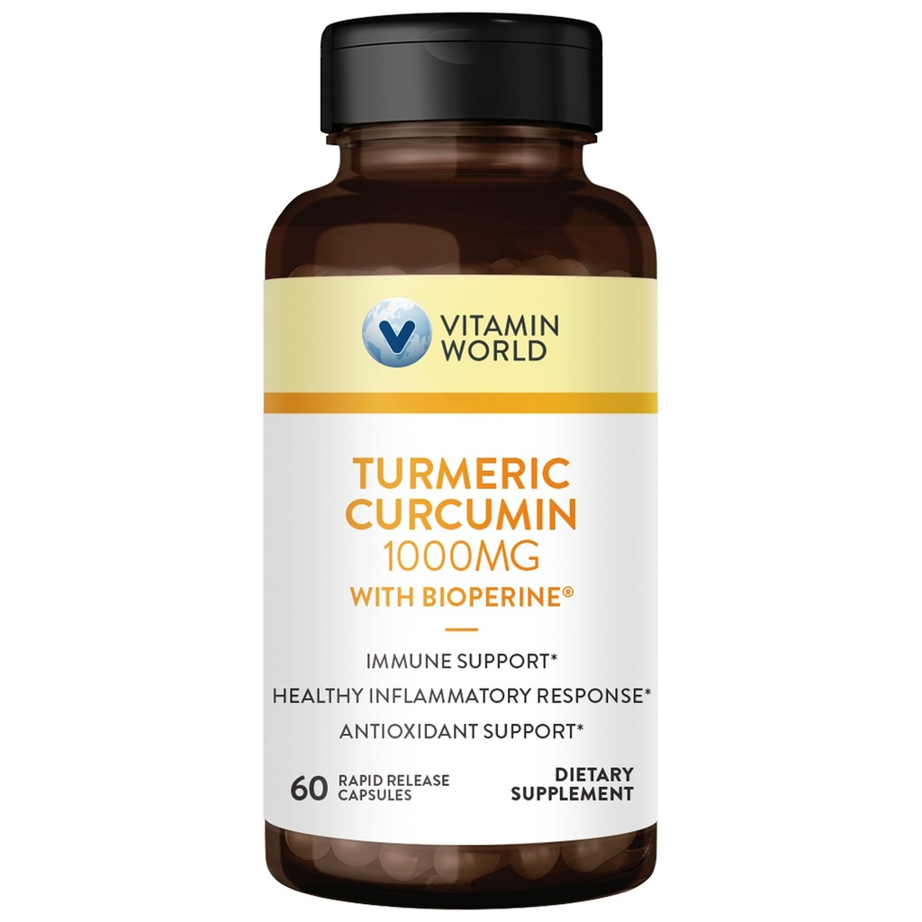 Vitamin World Turmeric Curcumin 1000mg, BioPerine Black Pepper Extract for Better Absorption, 95% Curcuminoids, Turmeric Supplement for Antioxidant & Joint Support, Gluten-Free, 60 Capsules