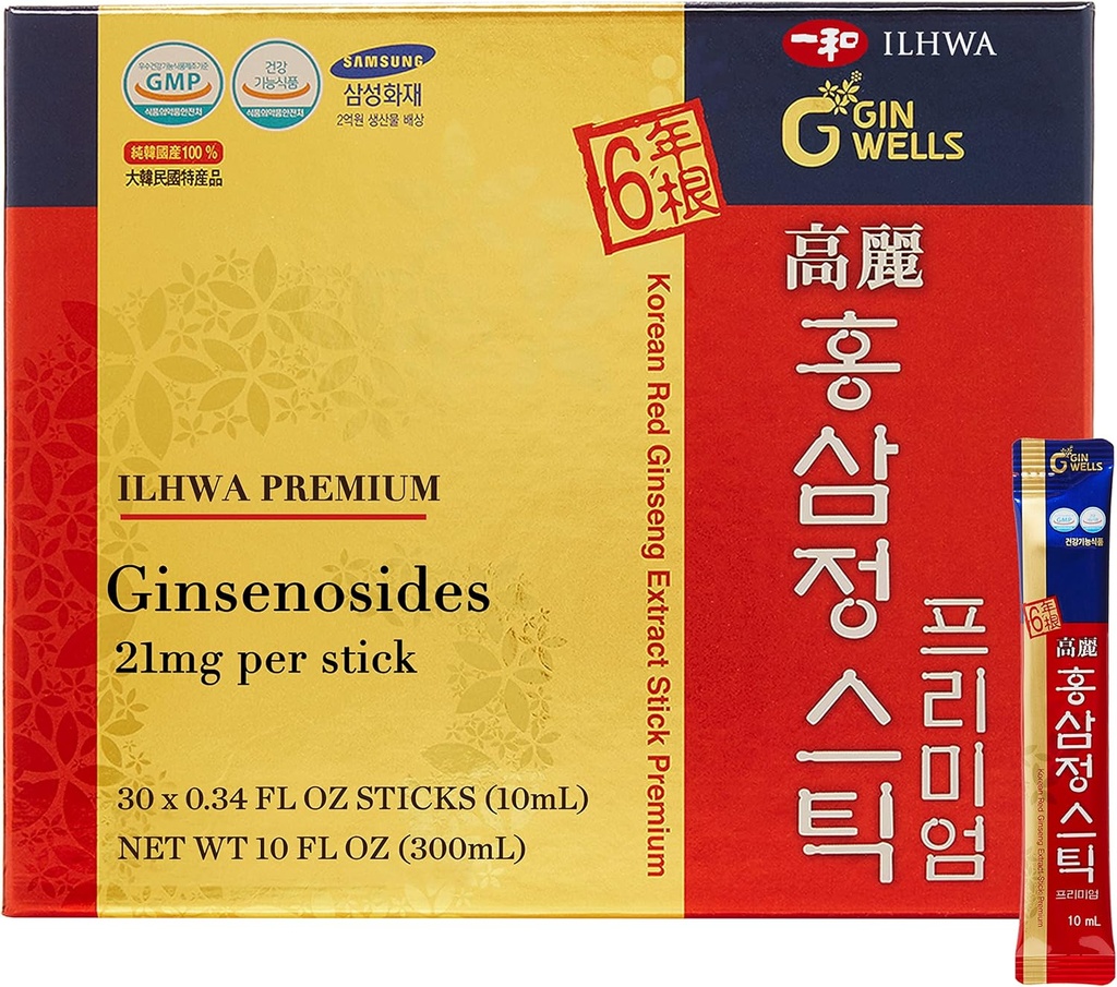 ILHWA Premium Red גינזנג סולק מקלות (0.34fl oz X 30 Sticks) - עבור חסינות. גינזנוסייד 21 מ"ג למשרת