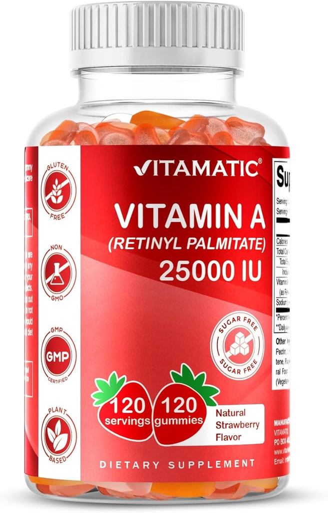 Vitamatic Sugar Free ויטמין A 25000 IU Gummies (Retinyl Palmitate) - Natural Strawberry Flavor - 120 מטבוליזם מבוסס Pectin (3 בקבוקים)