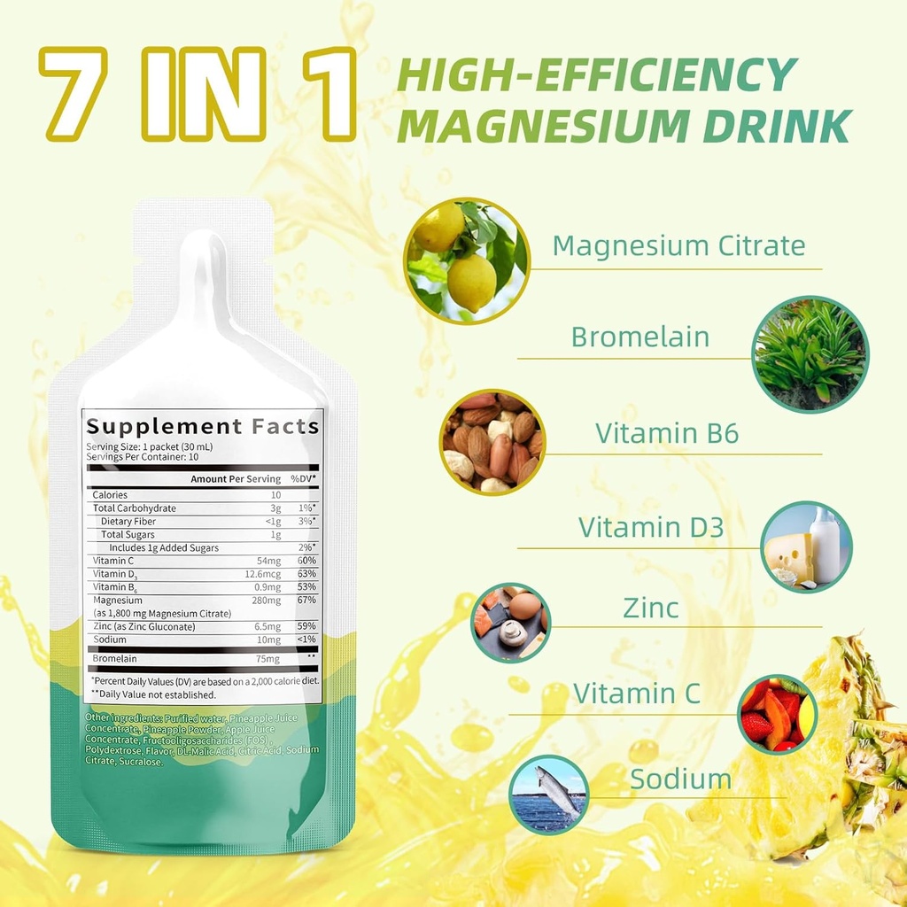Magnesium Citrate נוזל תוסף(10 Fl Oz, Magnesium Complex Drink / Oral Solution with ויטמיןB, Zinc, Sodium ו Bromelain for Sleep,muscle,Heart,Gut Support (Pineapple)