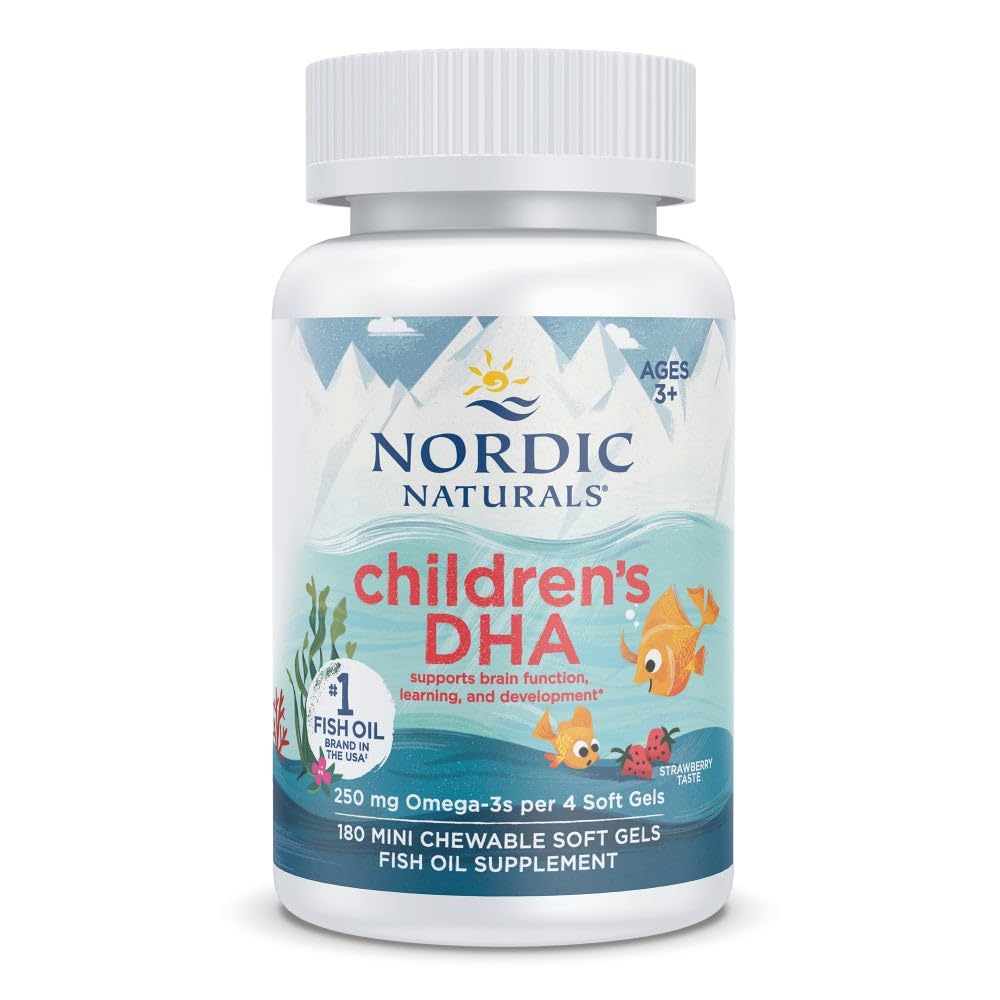 Nordic Naturals Children's DHA, Strawberry - 180 מיני Chewable Soft Gels לילדים - 250 מ"ג אומגה 3 עם EPA & DHA - Brain Development & Function - Non-GMO - 45 משרתים