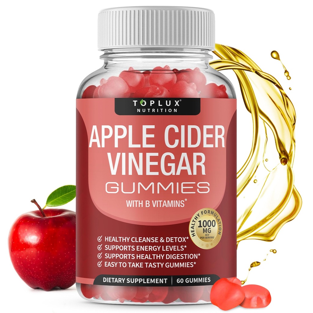 Toplux Apple Cider Vinegarmies - 1000mg ACV עם B12, Beet Root, Pomegranate עבור מערכת החיסון, Detox & ניקויse, Gummy Alternative to Apple Cider Vinegar כמוסות, עבור גברים, 60 מסטיקנים