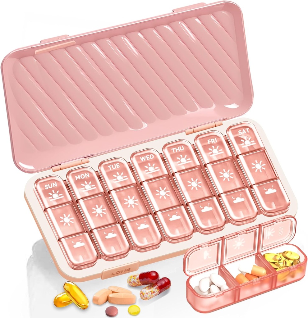 גלולת גלולות 3 פעמים A Day, 7 Day Pill Box - GloDeals Weekly Pill מארגנת, Portable Removable Daily Medicine Container Dispenser Case for Fish Oil Supplement, Pink