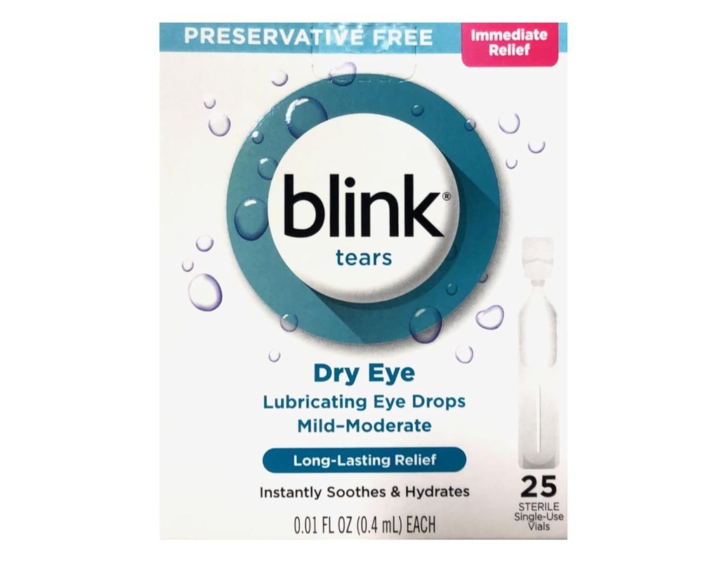 BLINK Tears Eye טיפות לעיניים יבשות, Preservative Free Lubricating עיניים טיפות, Sterile יחיד להשתמש Vials, Gentle Eye Care עבור מילד כדי מודראט עין הקלה, 25 הרוזן, 0.01 fl oz Vials oz Vials.